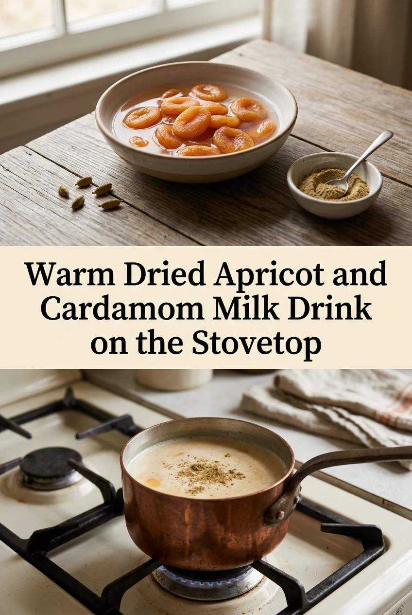Warm Dried Apricot and Cardamom Milk Drink on the Stovetop — AI-generated editorial illustration