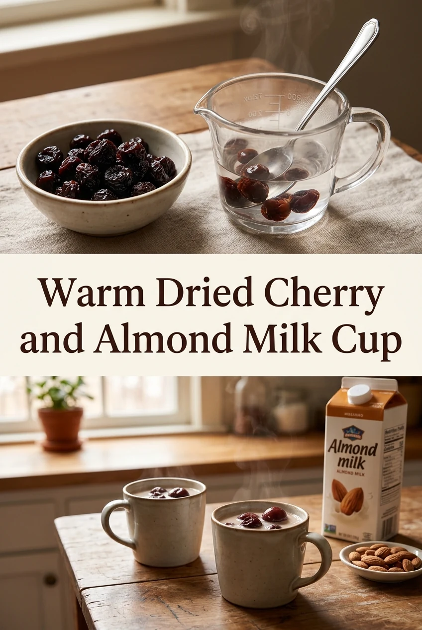 Warm Dried Cherry and Almond Milk Cup — AI-generated editorial illustration