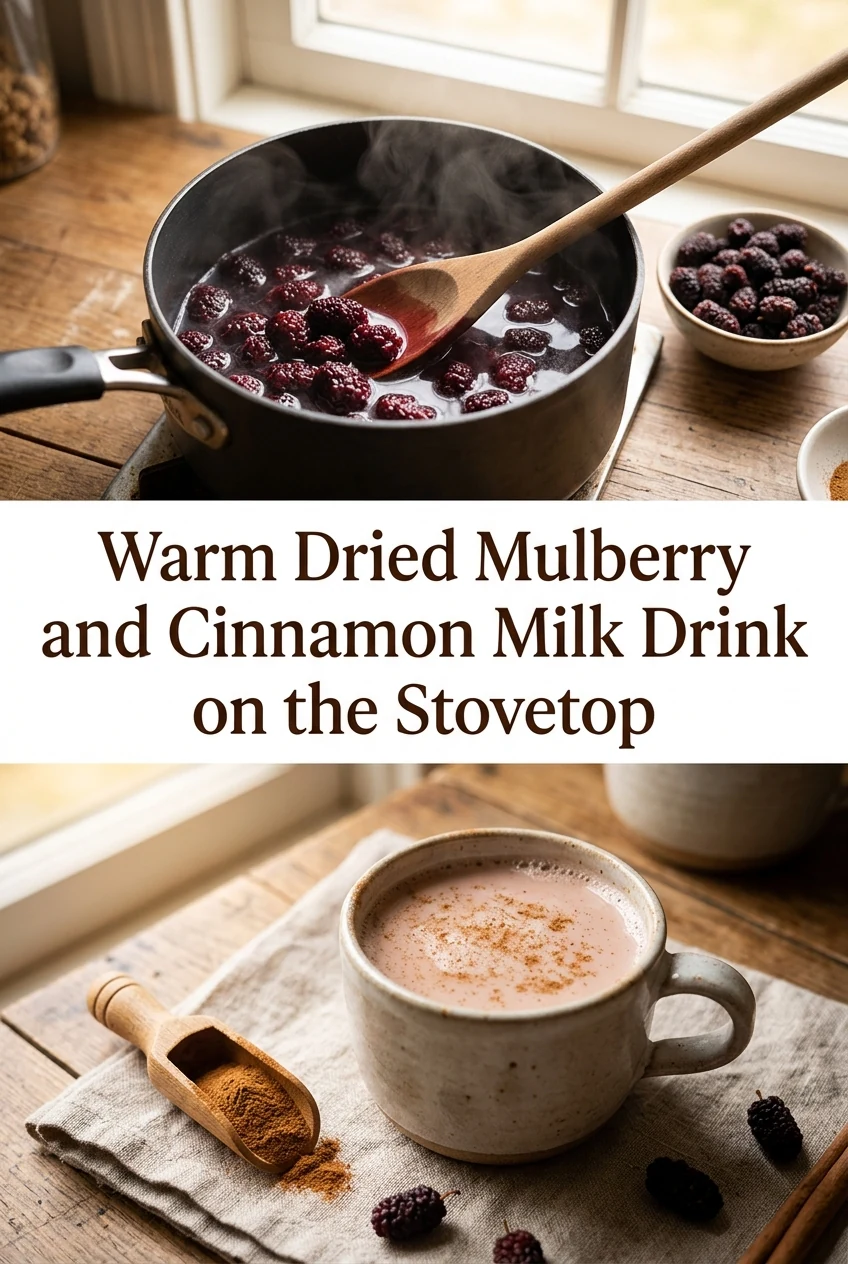 Warm Dried Mulberry and Cinnamon Milk Drink on the Stovetop — AI-generated editorial illustration