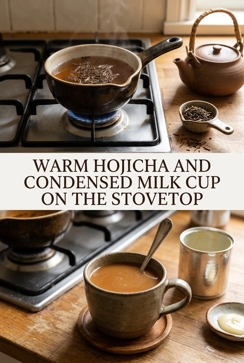 Warm Hojicha and Condensed Milk Cup on the Stovetop — AI-generated editorial illustration