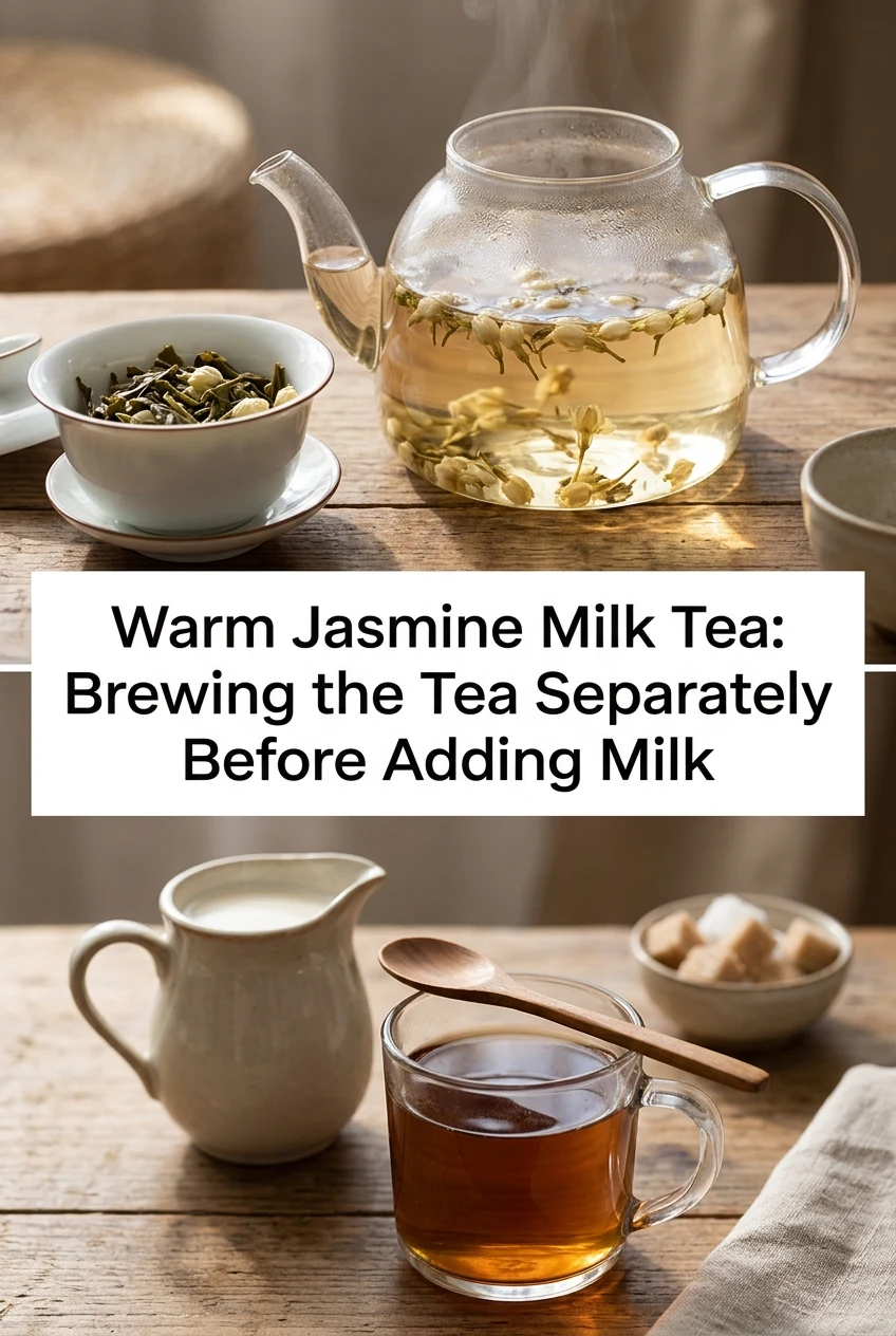 Warm Jasmine Milk Tea: Brewing the Tea Separately Before Adding Milk — AI-generated editorial illustration