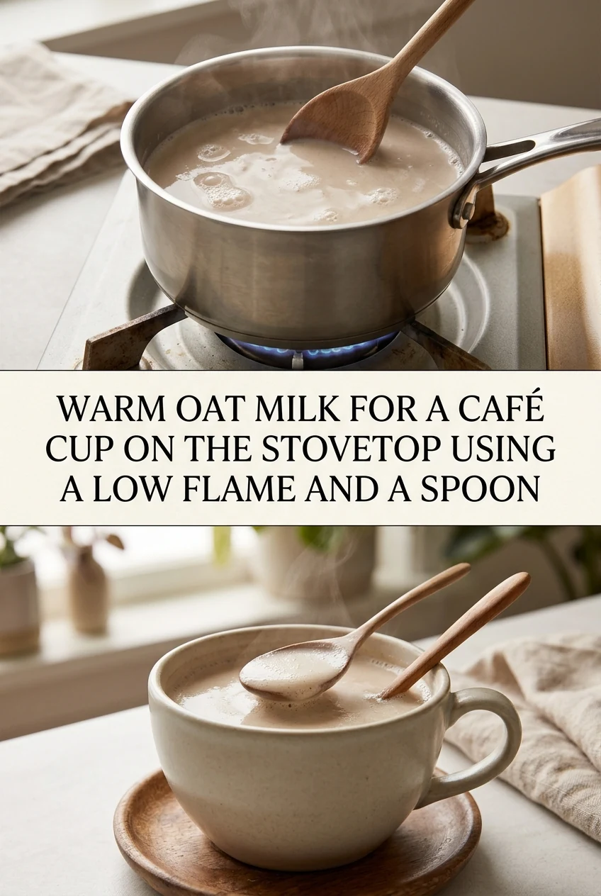 Warm Oat Milk for a Café Cup on the Stovetop Using a Low Flame and a Spoon — AI-generated editorial illustration