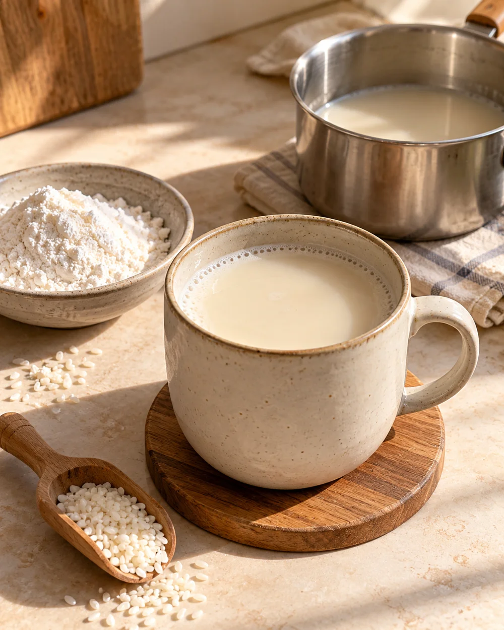 Warm Rice-Flour Milk Drink — AI-generated editorial illustration