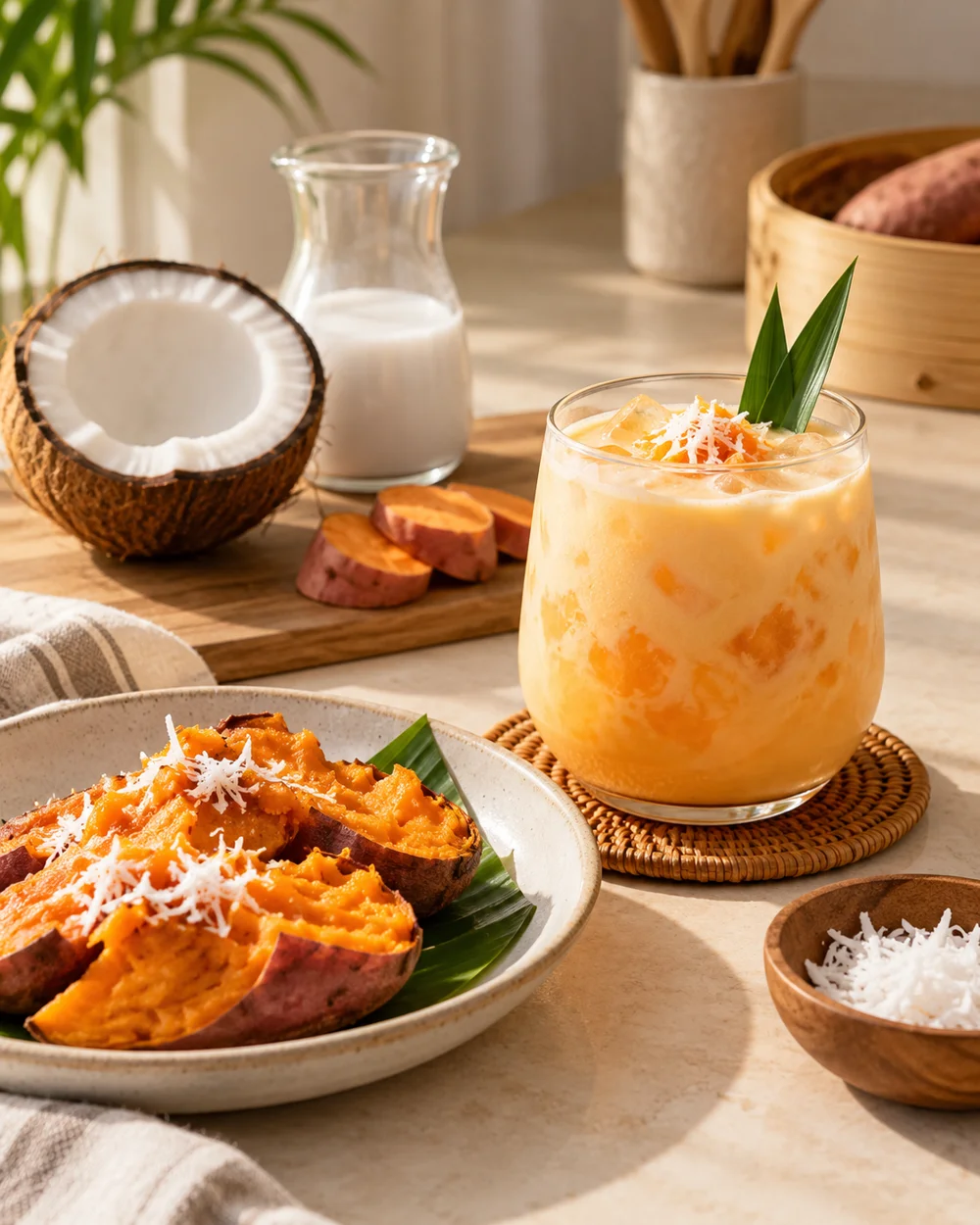 Warm Sweet-Potato Coconut Drink — AI-generated editorial illustration