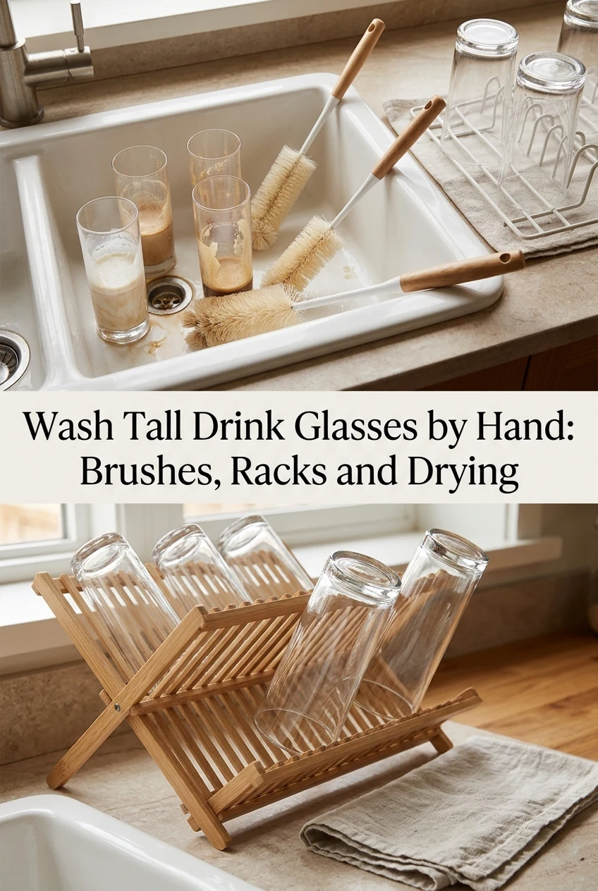 Wash Tall Drink Glasses by Hand: Brushes, Racks and Drying — AI-generated editorial illustration