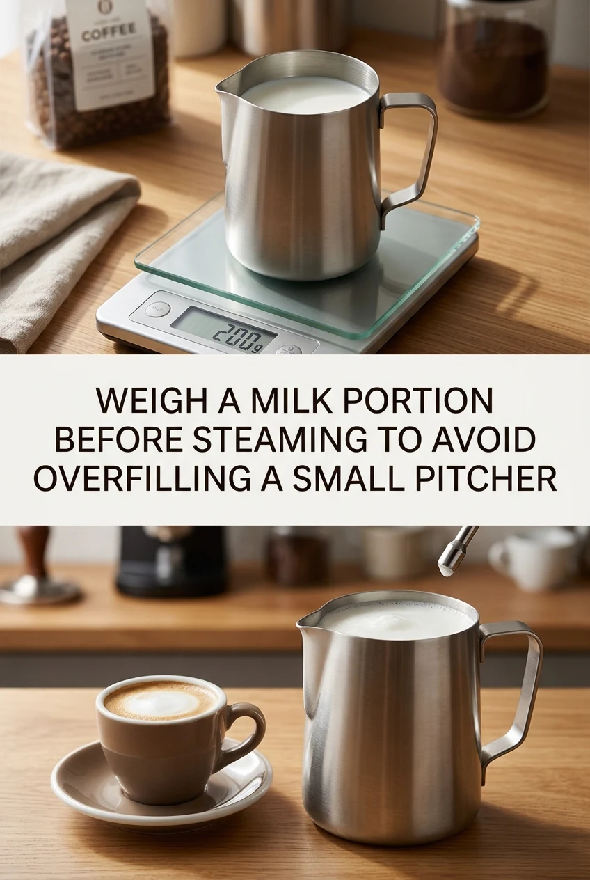 Weigh a Milk Portion Before Steaming to Avoid Overfilling a Small Pitcher — AI-generated editorial illustration