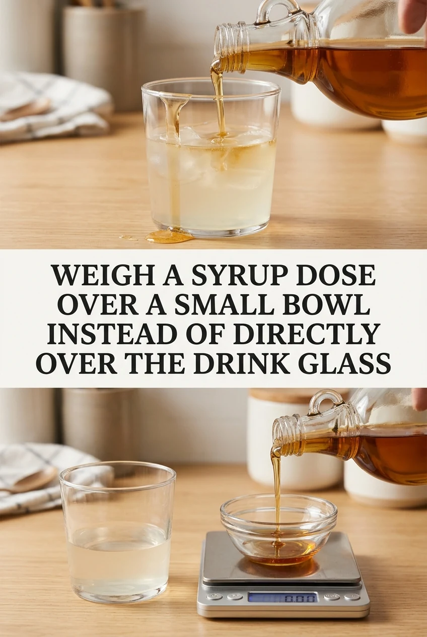 Weigh a Syrup Dose Over a Small Bowl Instead of Directly Over the Drink Glass — AI-generated editorial illustration