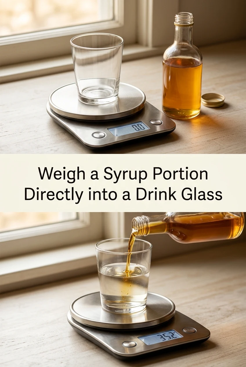Weigh a Syrup Portion Directly into a Drink Glass — AI-generated editorial illustration