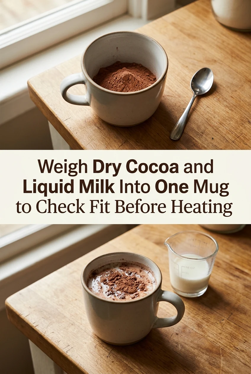 Weigh Dry Cocoa and Liquid Milk Into One Mug to Check Fit Before Heating — AI-generated editorial illustration