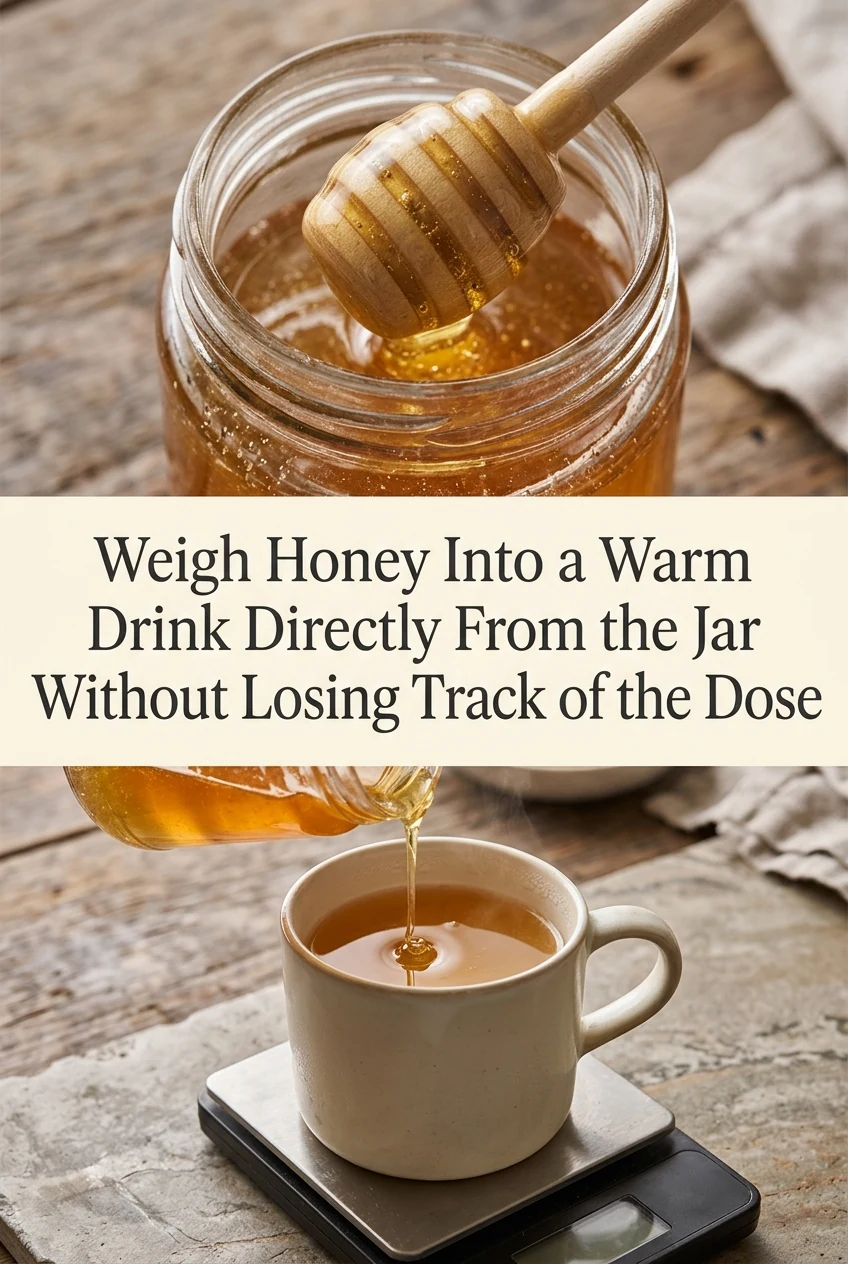 Weigh Honey Into a Warm Drink Directly From the Jar Without Losing Track of the Dose — AI-generated editorial illustration