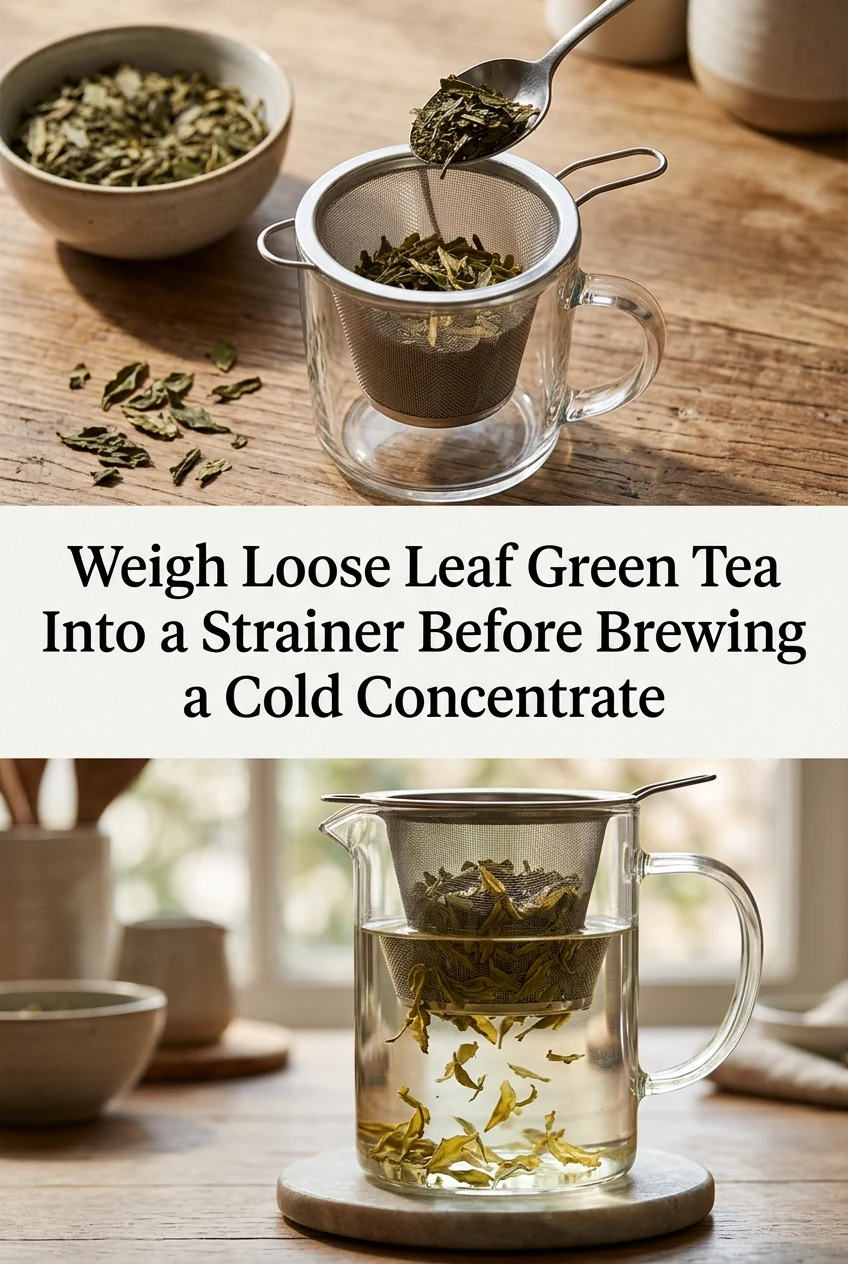 Weigh Loose Leaf Green Tea Into a Strainer Before Brewing a Cold Concentrate — AI-generated editorial illustration