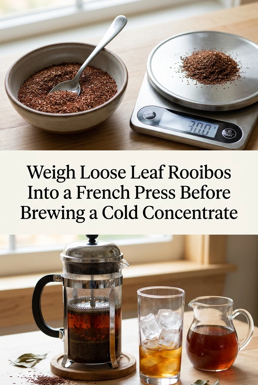 Weigh Loose Leaf Rooibos Into a French Press Before Brewing a Cold Concentrate — AI-generated editorial illustration