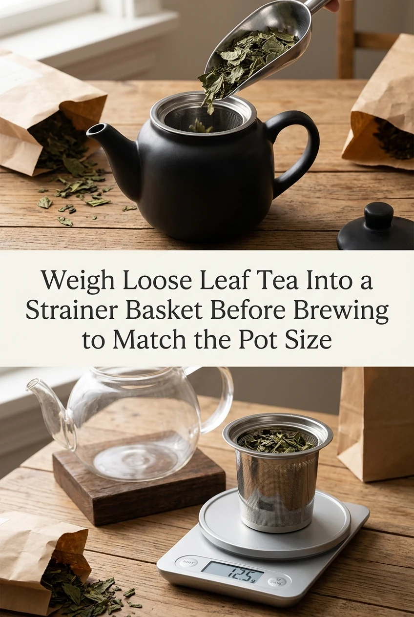 Weigh Loose Leaf Tea Into a Strainer Basket Before Brewing to Match the Pot Size — AI-generated editorial illustration
