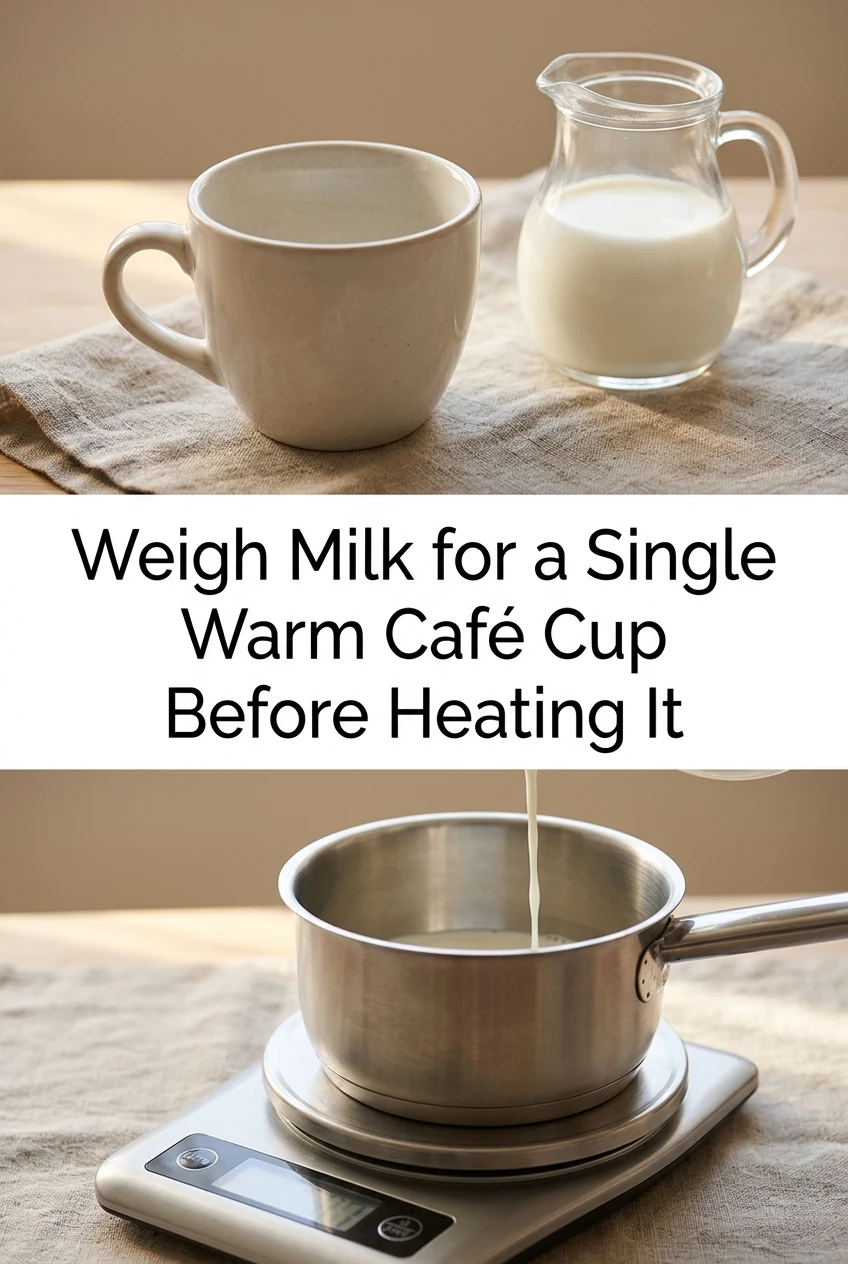 Weigh Milk for a Single Warm Café Cup Before Heating It — AI-generated editorial illustration