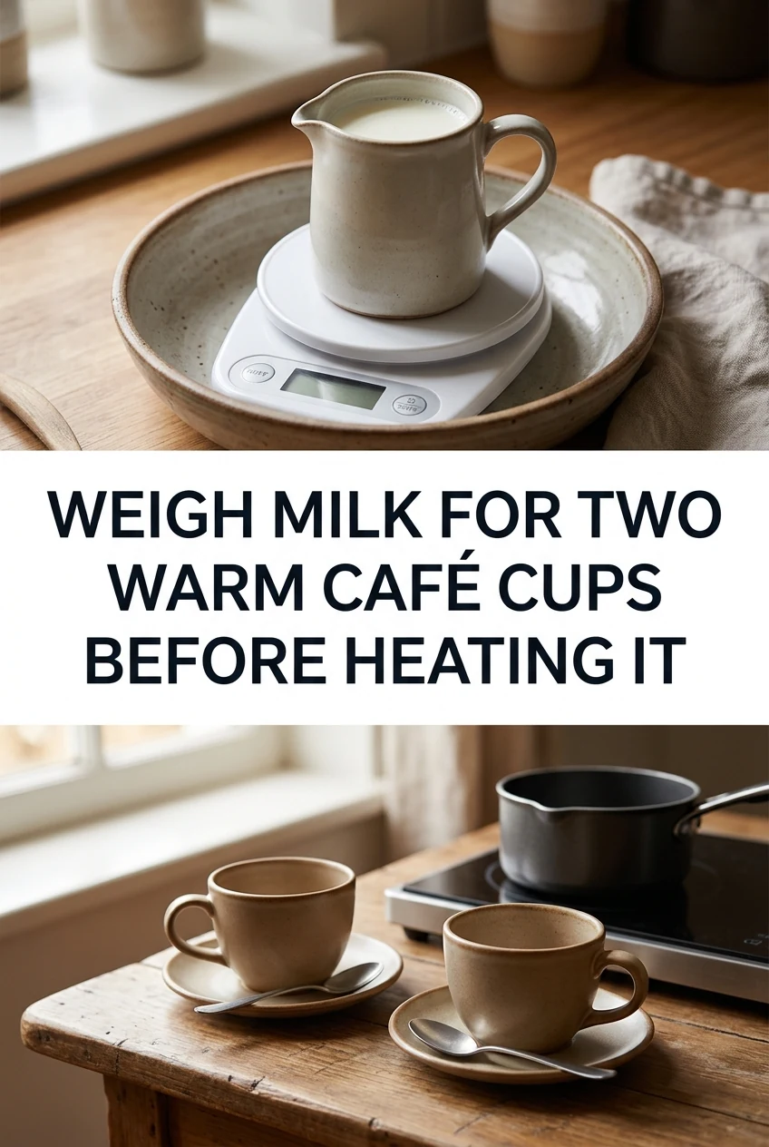 Weigh Milk for Two Warm Café Cups Before Heating It — AI-generated editorial illustration