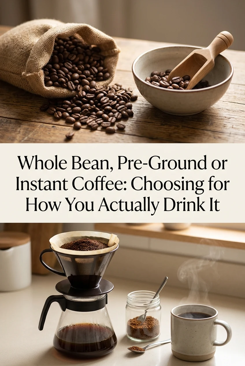 Whole Bean, Pre-Ground or Instant Coffee: Choosing for How You Actually Drink It — AI-generated editorial illustration