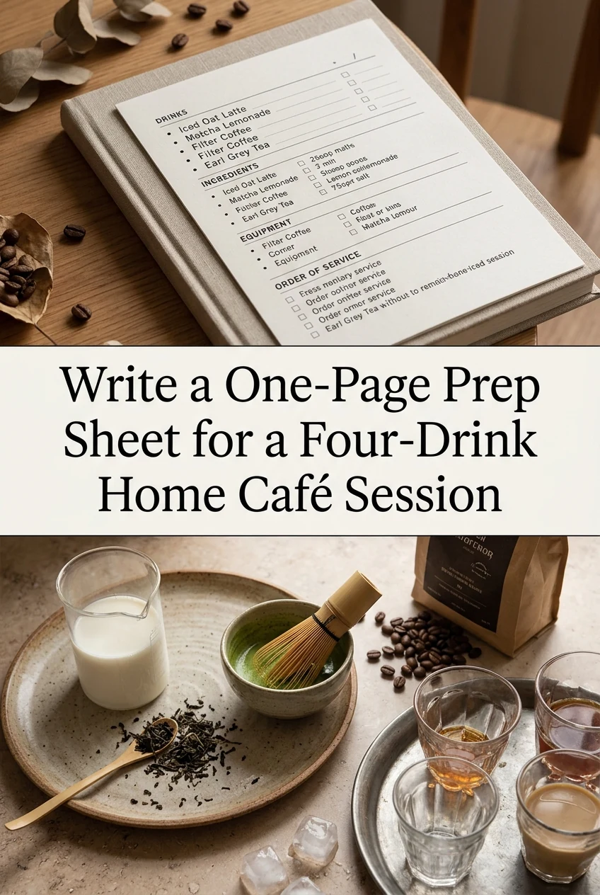 Write a One-Page Prep Sheet for a Four-Drink Home Café Session — AI-generated editorial illustration