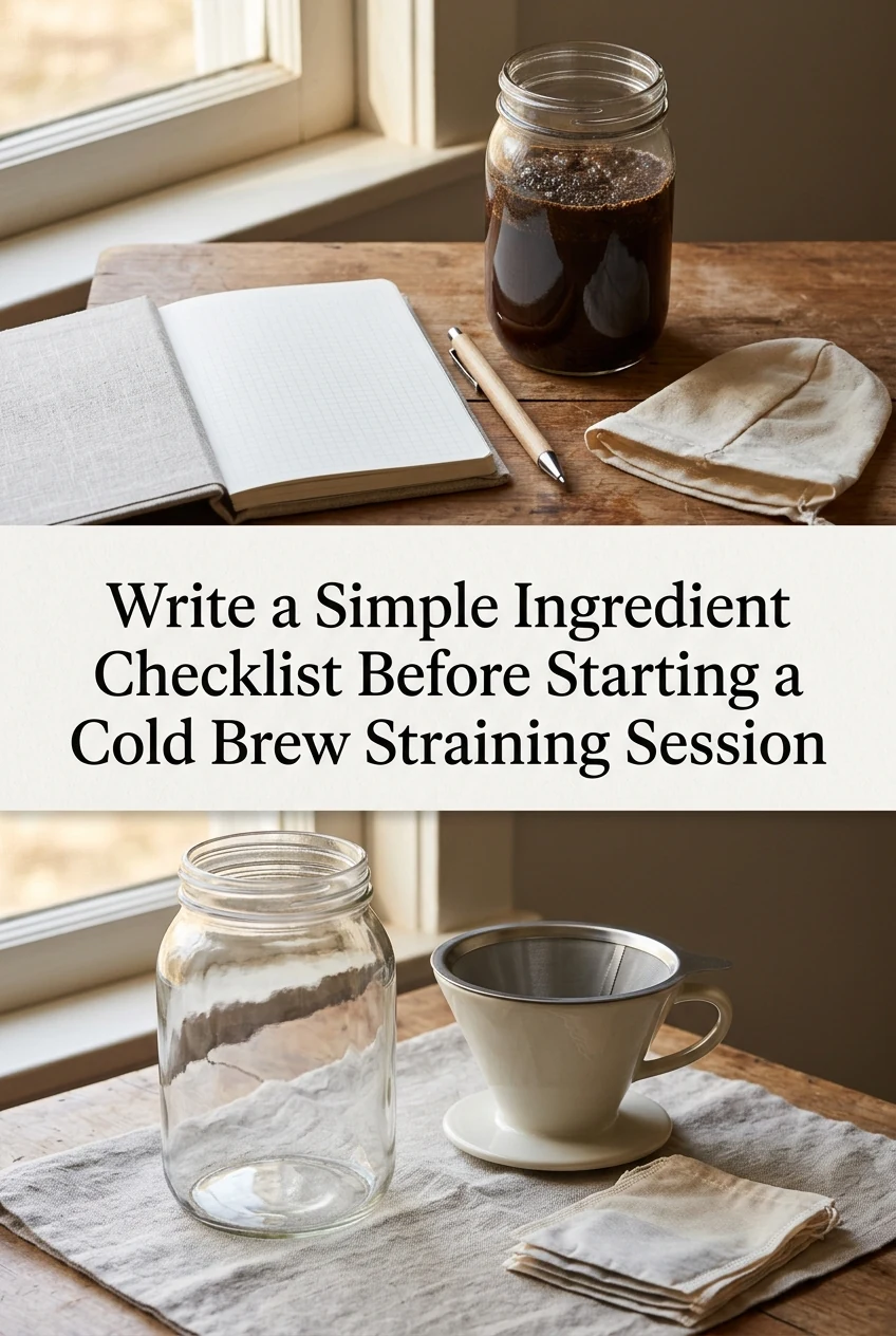 Write a Simple Ingredient Checklist Before Starting a Cold Brew Straining Session — AI-generated editorial illustration